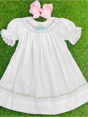 Pleats & Stitches Lille Heirloom Floral Bouquet Smocked Puff Sleeve Dress 4T